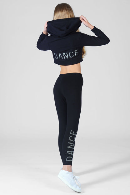 Girl wearing black Diamante 'DANCE' Leggings and matching jacket