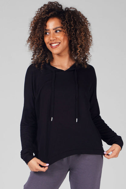 Woman wearing Pineapple Black Dip Hem Hoodie