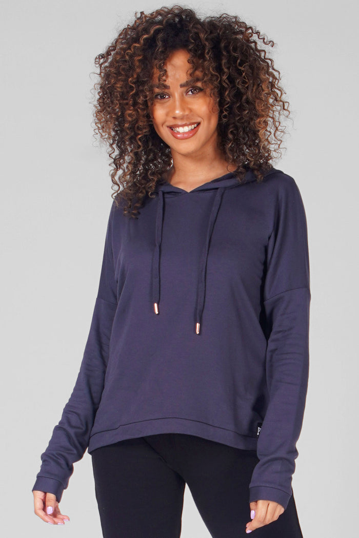 Woman wearing Pineapple Charcoal Dip Hem Hoodie