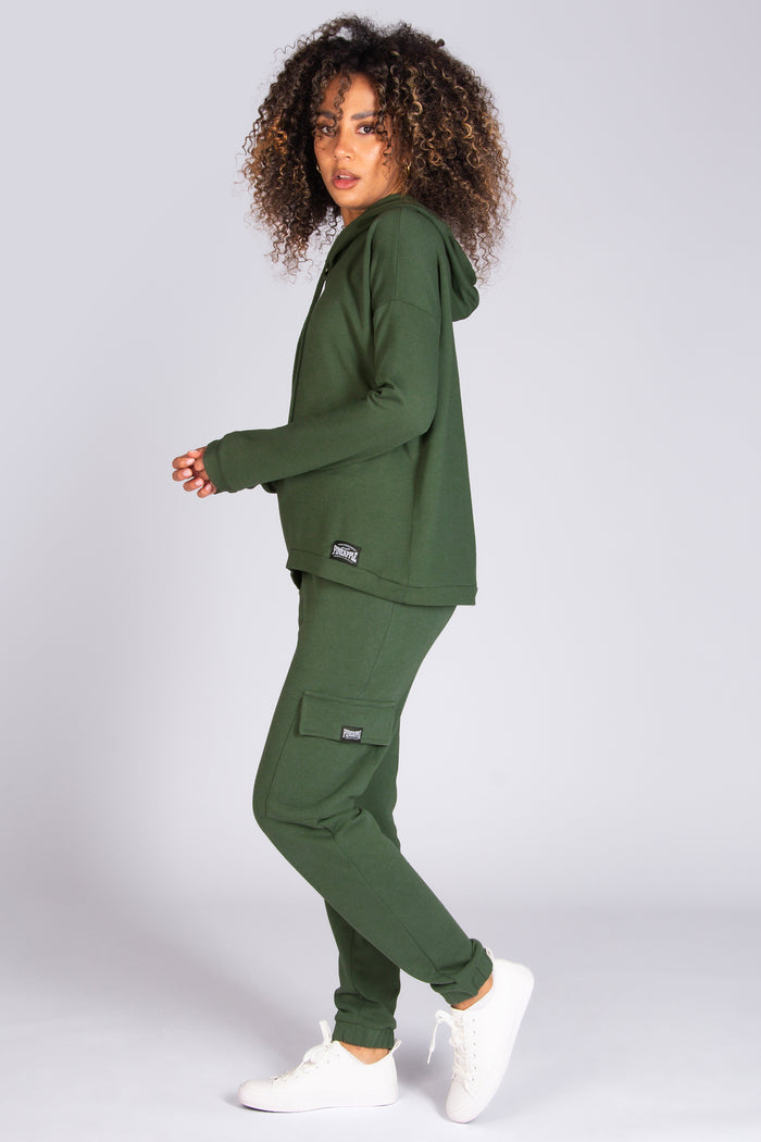 Pineapple dip hem hoodie in khaki for women by Pineapple Dance Studios
