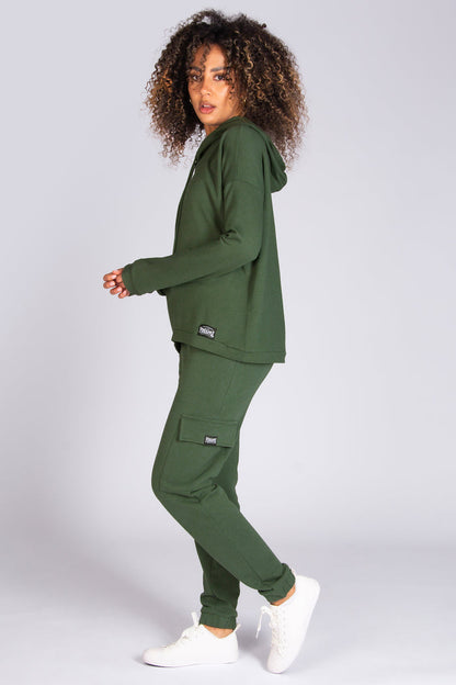 Pineapple dip hem hoodie in khaki for women by Pineapple Dance Studios