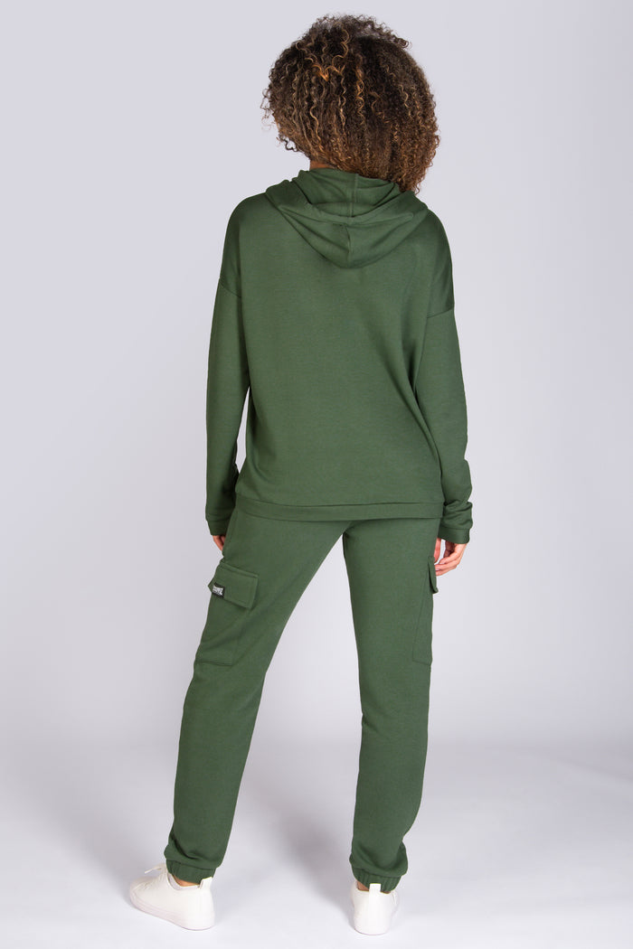 Women's khaki hoodie with matching khaki cargo joggers