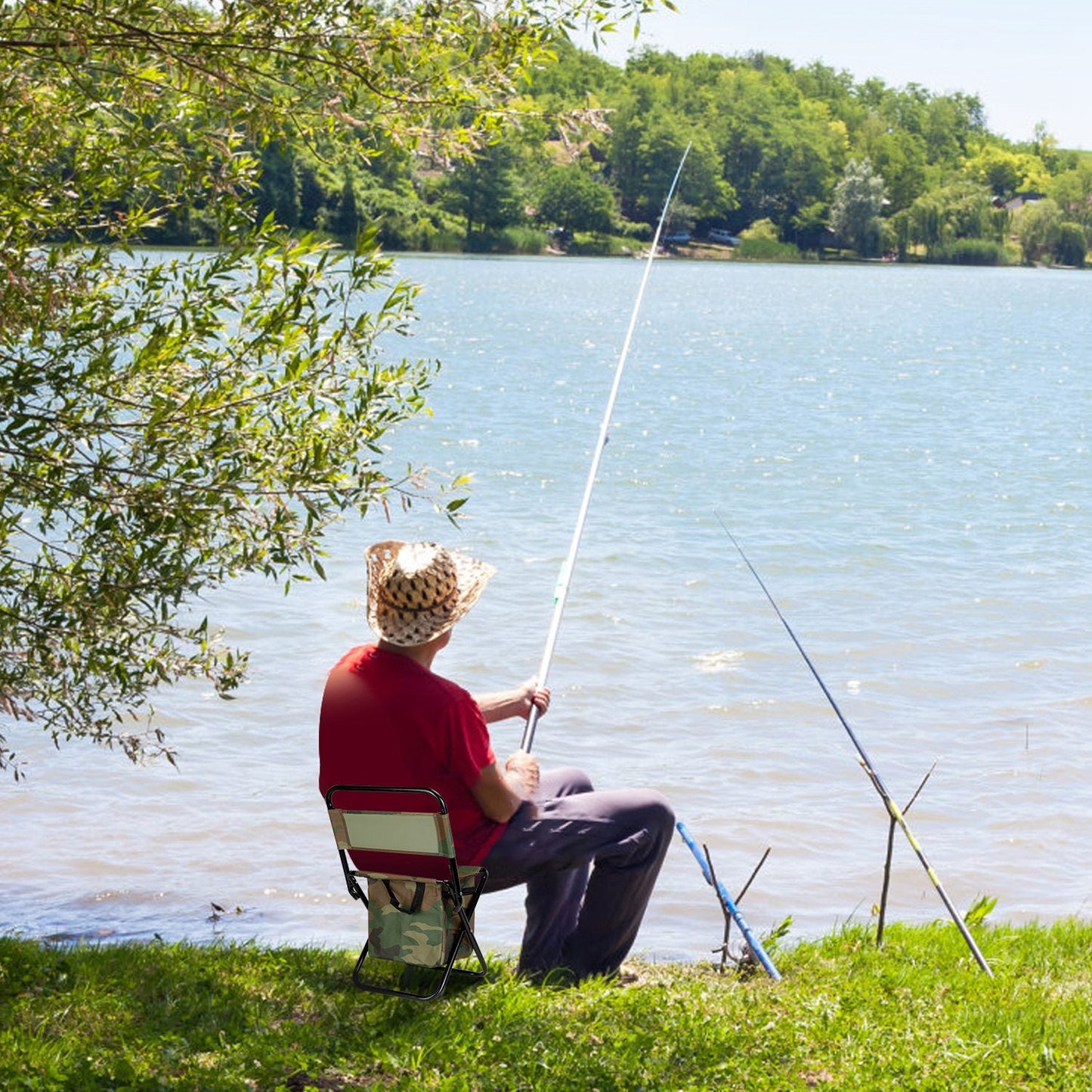 Foldable Fishing Chair with Backrest & Built-In 10L Cooler Bag