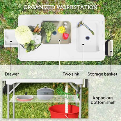 Deluxe Folding Fish Cleaning Table with Dual Sinks, Drawer & Storage Basket