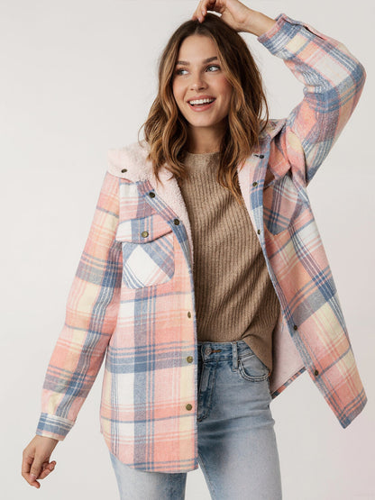 Women's Fleece-Lined Plaid Hooded Jacket with Pockets – Pink
