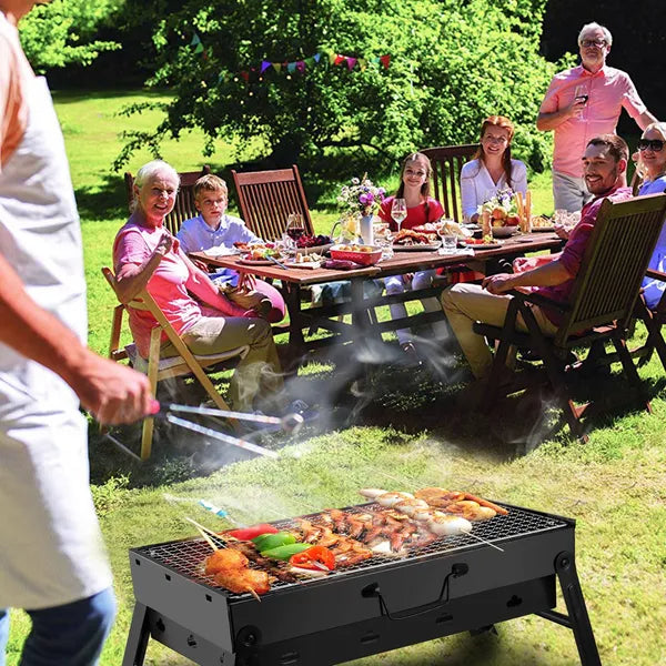 Foldable Portable Charcoal BBQ Grill – 17" Stainless Steel Cooking Grate, Ash Catcher, Folds Flat for Camping & Picnics