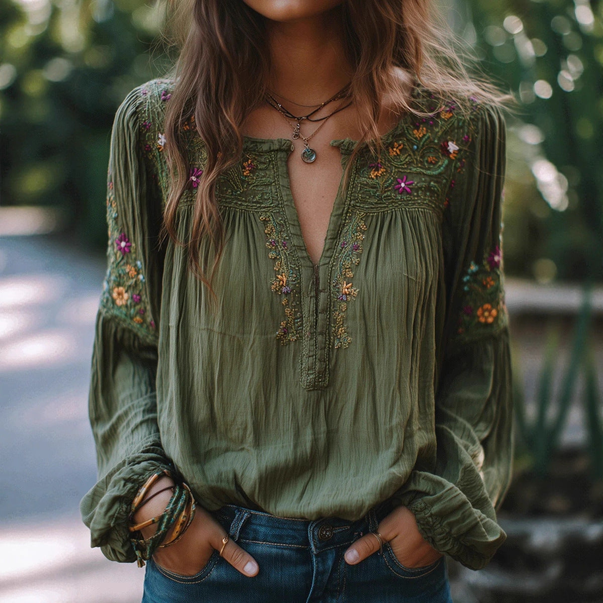 Women's Embroidered Floral Cotton Top with Bishop Sleeves – Green