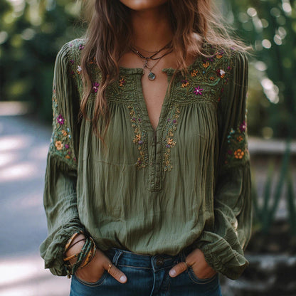 Women's Embroidered Floral Cotton Top with Bishop Sleeves – Green