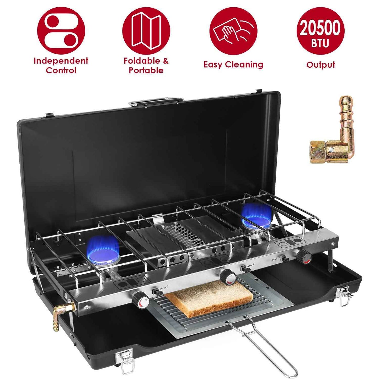 3-Burner Portable Propane Camping Stove – 20,500 BTU, Foldable with Windshield, Oil Tray & Grilling Mesh