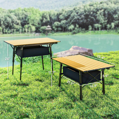 Aluminum Folding Camping Table with Storage Basket – Adjustable Height, 66 lb.