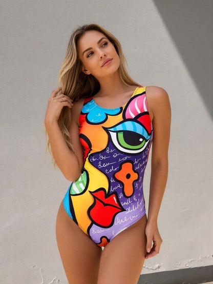 Women's Tropical Print One-Piece Fitness Swimsuit