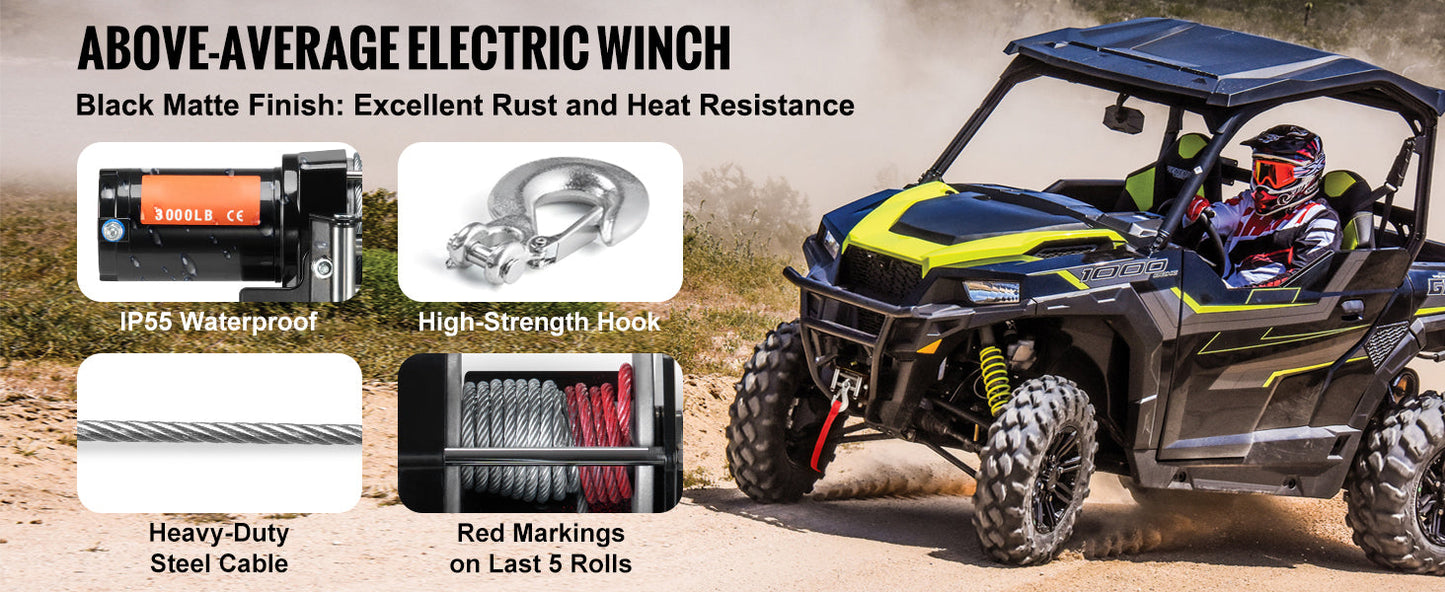 SucceBuy 3000lbs ATV/UTV Electric Winch 12V  Steel Rope Winch with  39 ft Cable Roller Wired Remote Control for Towing Off-Road