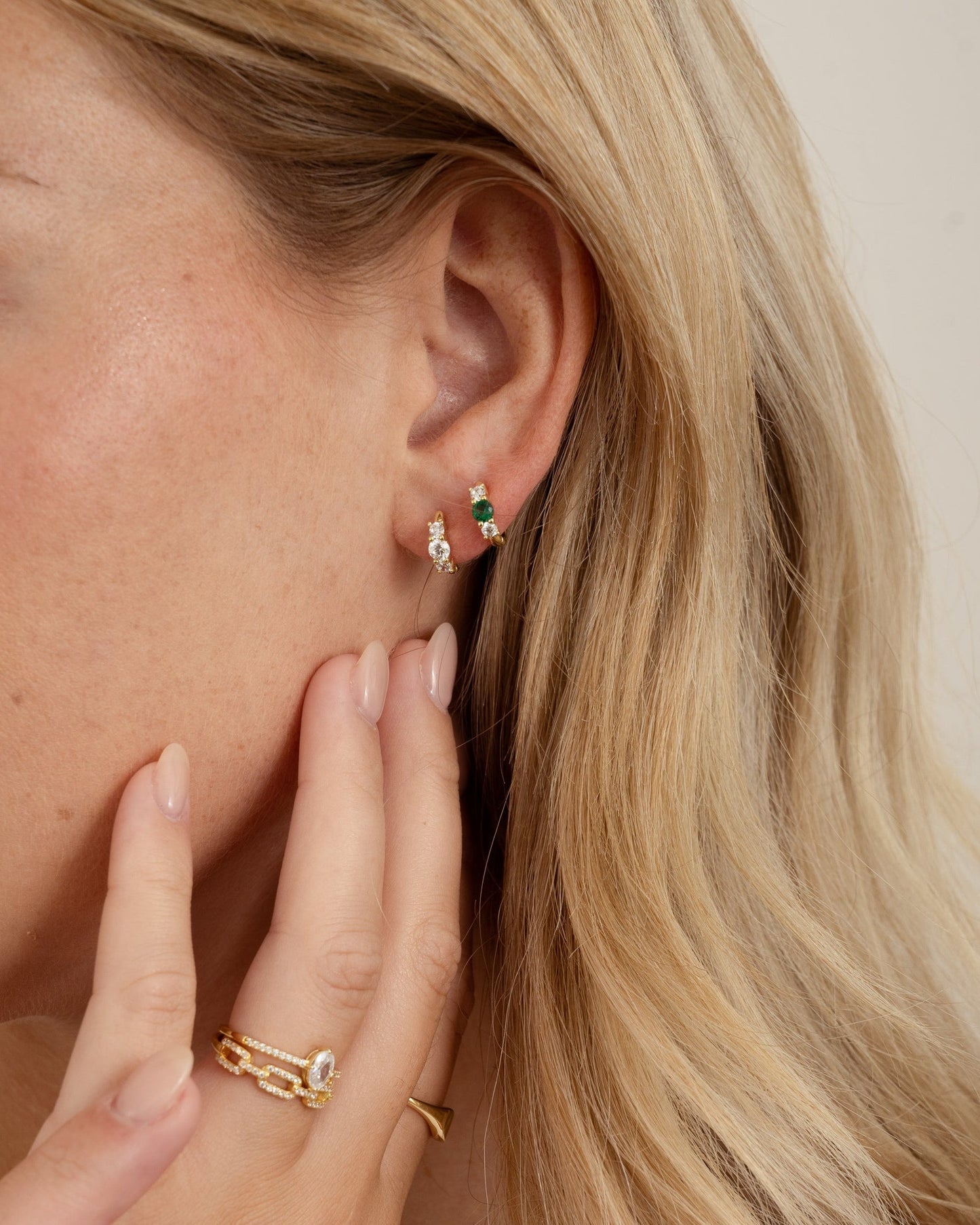 Emerald Three Stone Huggie Hoops