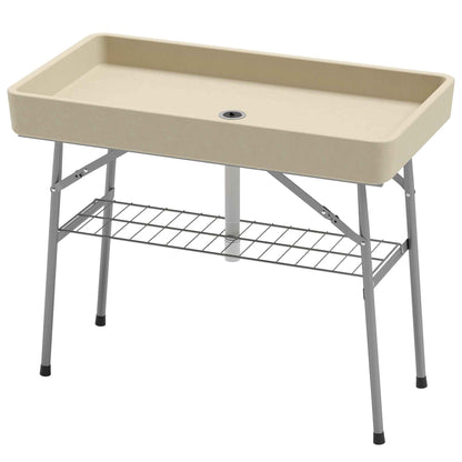 Folding Ice Cooler Table with Drain & Storage Shelf – 110 lb. Capacity