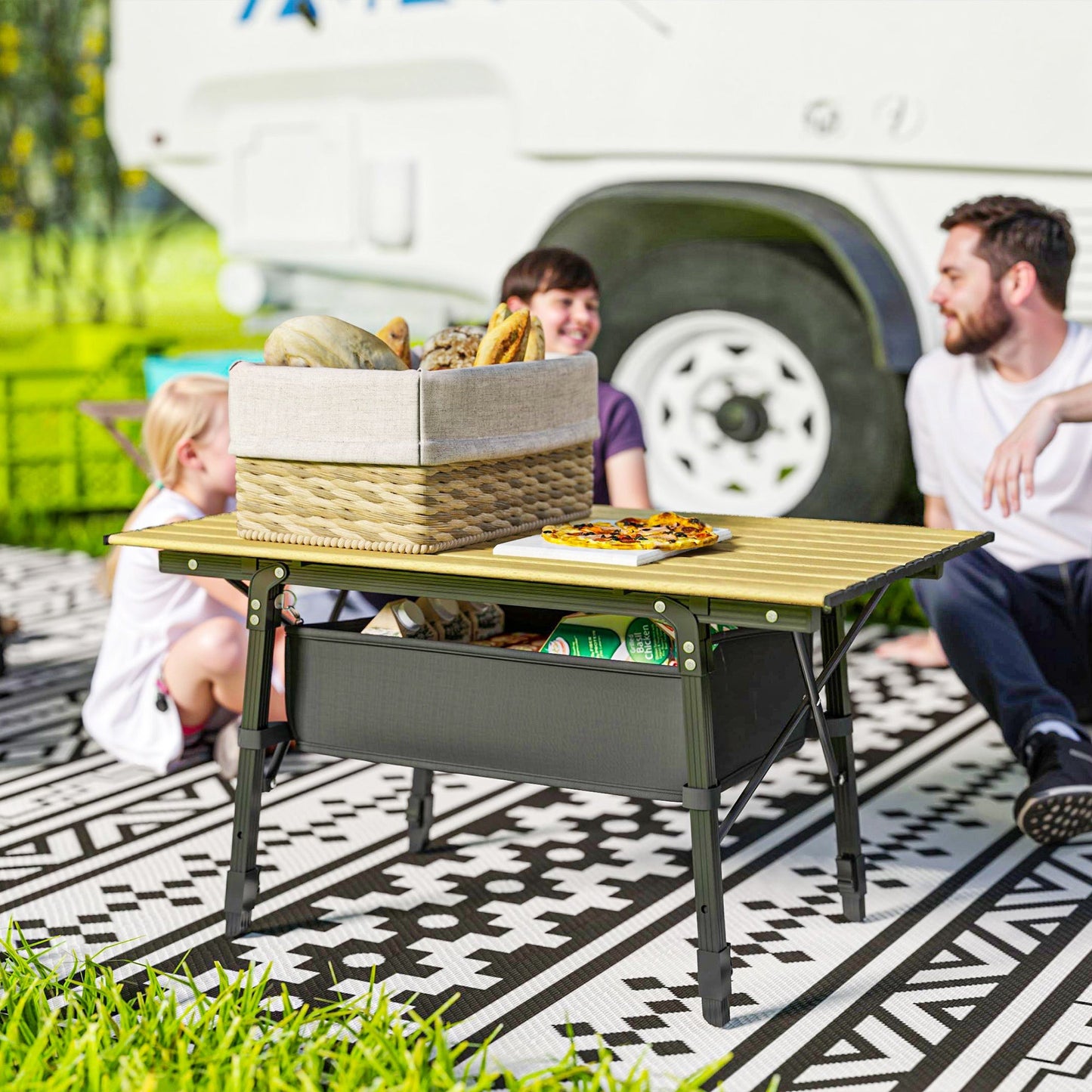 Aluminum Folding Camping Table with Storage Basket – Adjustable Height, 66 lb.