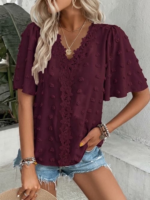 üî• Elegant Swiss Dot Lace Butterfly Sleeve Shirt, Long Sleeve Commuter Top, Loose Fit Casual Summer Blouse for Women