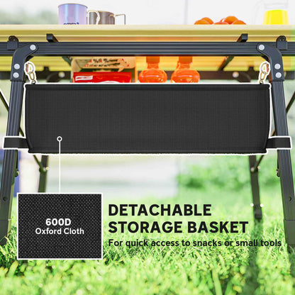 Aluminum Folding Camping Table with Storage Basket – Adjustable Height, 66 lb.