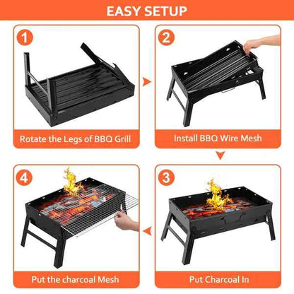 Foldable Portable Charcoal BBQ Grill – 17" Stainless Steel Cooking Grate, Ash Catcher, Folds Flat for Camping & Picnics