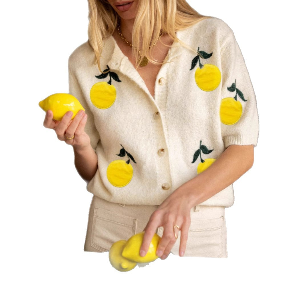Women's Fruit Print Open-Front Knit Cardigan – Apricot