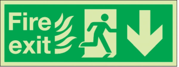 fire exit flames man arrow down