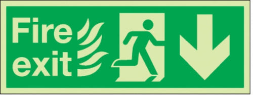 fire exit flames man arrow down