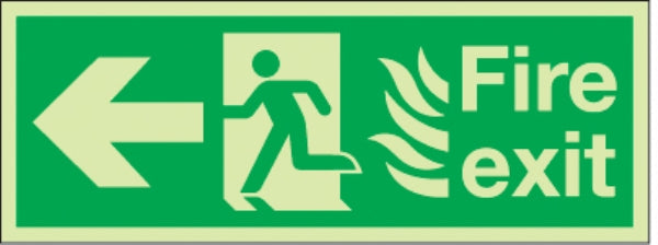 fire exit flames man arrow left