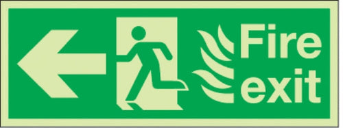 fire exit flames man arrow left