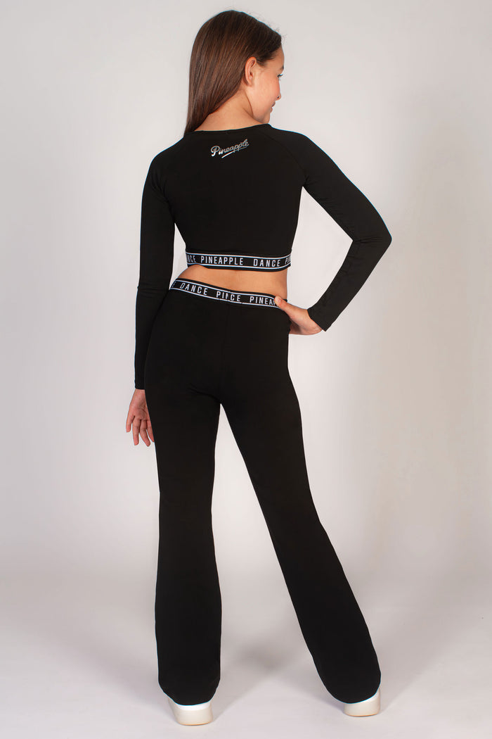 Monochrome dance set for girls complete with flared trousers and crop top