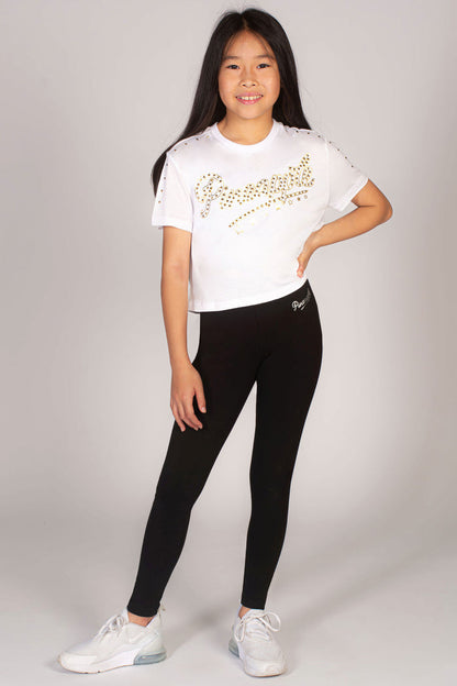 Kids' black leggings with folder waistband by Pineapple Dance Studios.