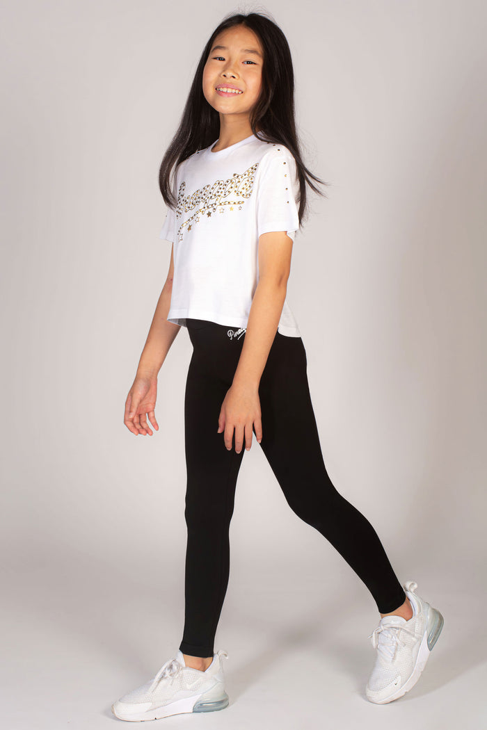 Kids' black leggings with folder waistband by Pineapple Dance Studios.