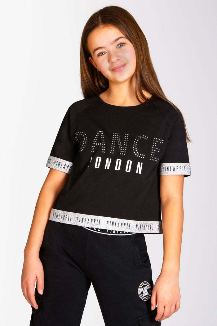 Girls' black dance t-shirt with glitter tape and London chest print