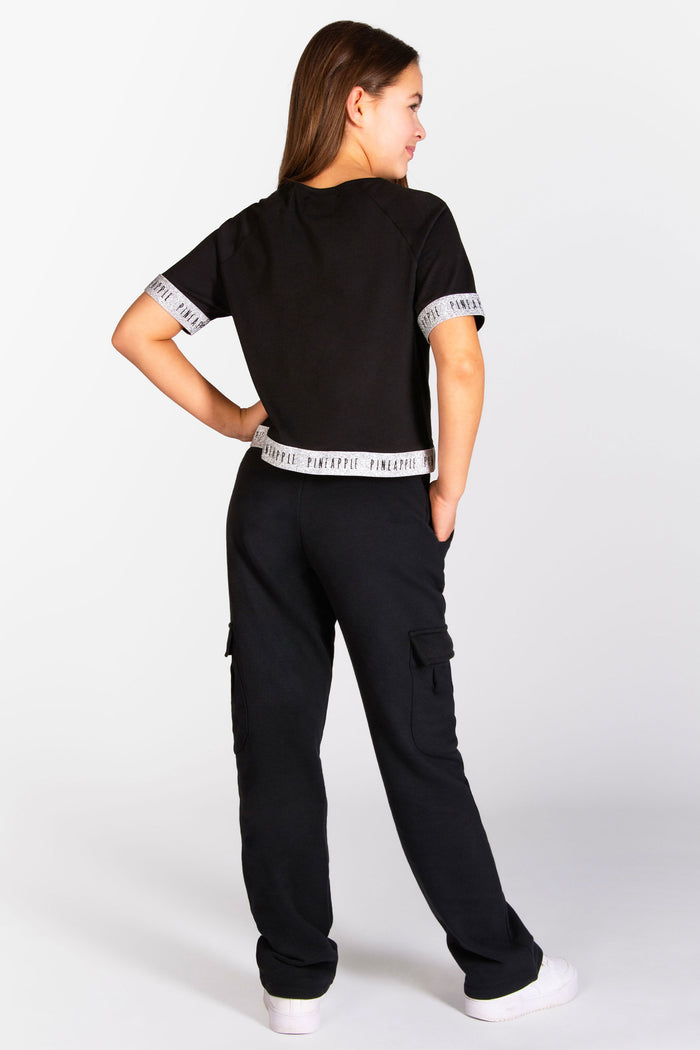 Girls' black dance tee with silver tape and diamanté detail