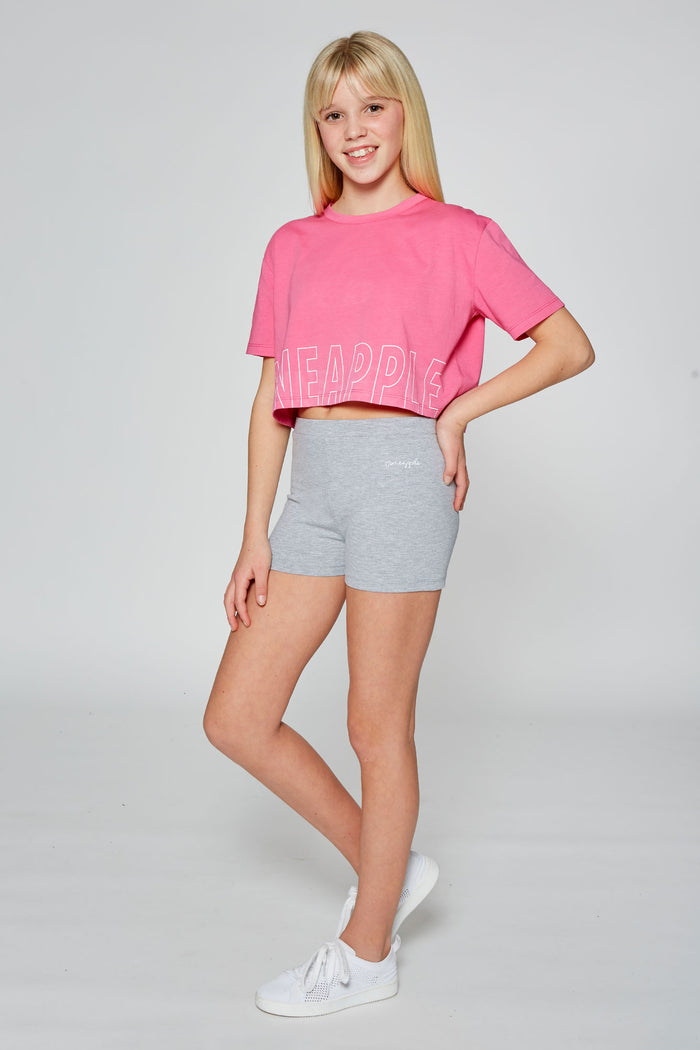Girl wearing Grey Marl hot pants