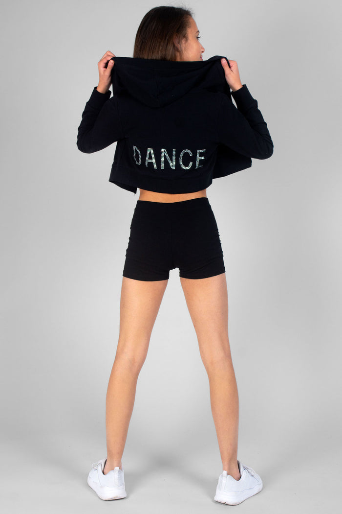 Girl wearing black Hot Pants, Dance Crop Hoodie, and Crop logo Dance Vest