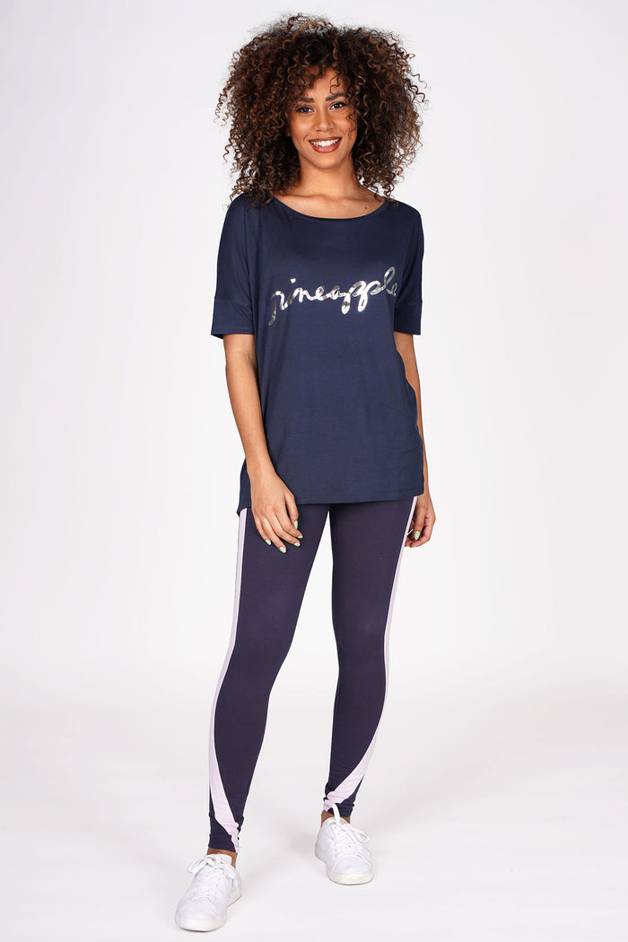 Woman wearing Charcoal Viscose T-Shirt with silver logo
