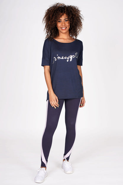 Woman wearing Charcoal Viscose T-Shirt with silver logo