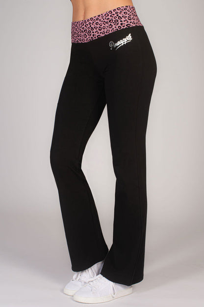 women's black flared trousers with pink leopard waist band