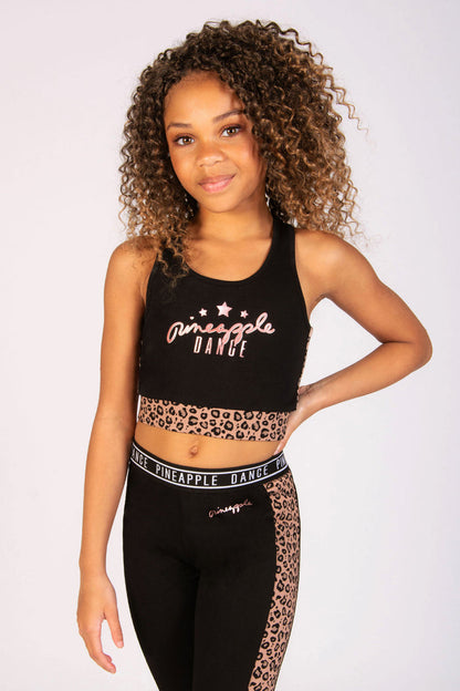 Girls' black dance crop top with brown leopard panelling