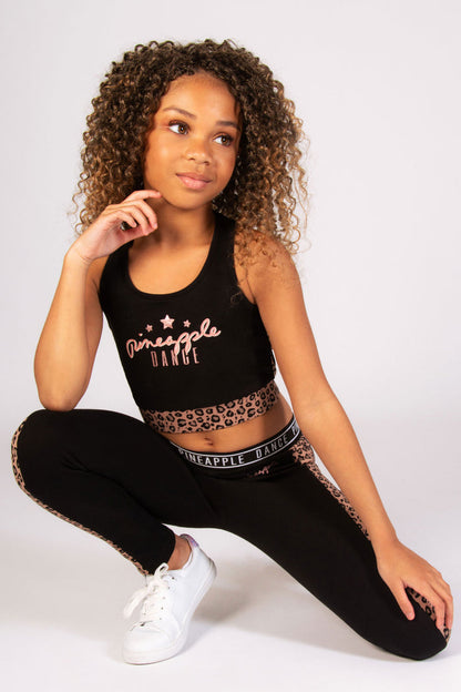 Black crop top with rose gold foil dance print and leopard print waistband