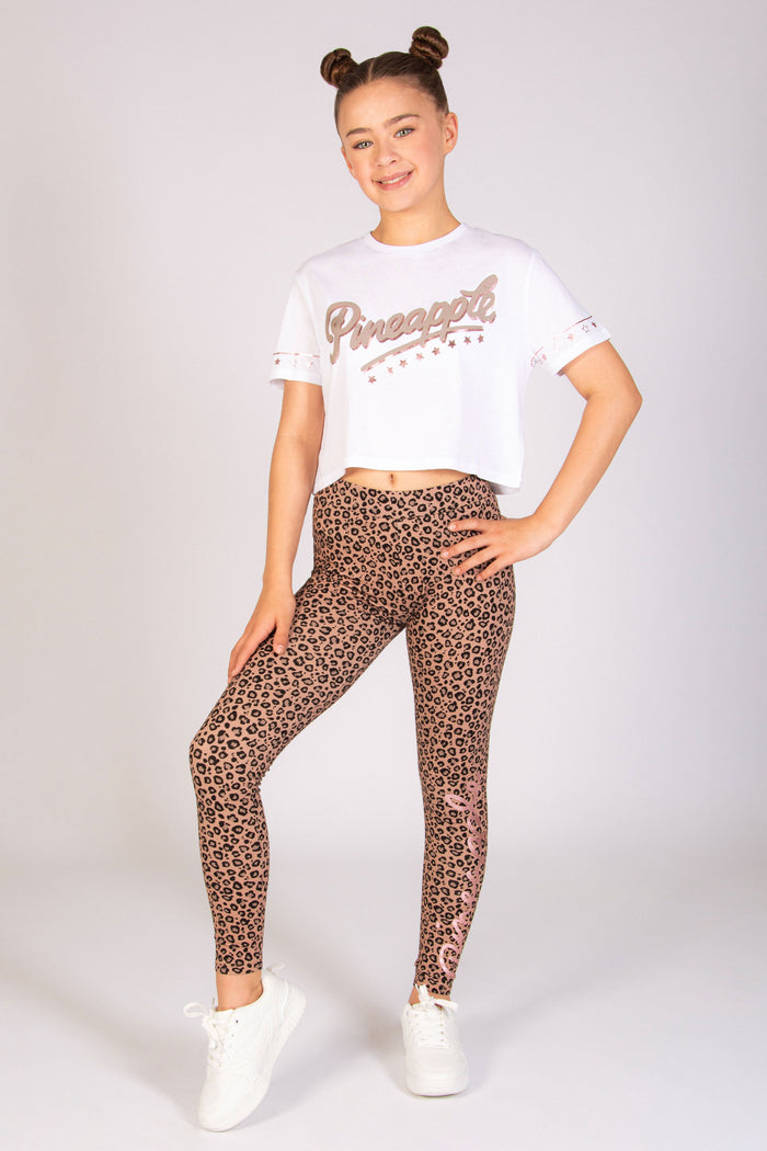 Girl's brown animal print leggings with all over leopard pattern by Pineapple Dance Stuidos