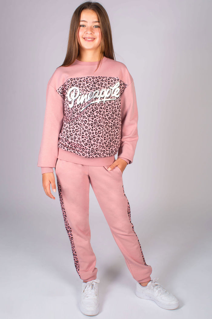 Girls' pink joggers with leopard print paneling and delicate silver foil Pineapple Dance Studios logo on hip