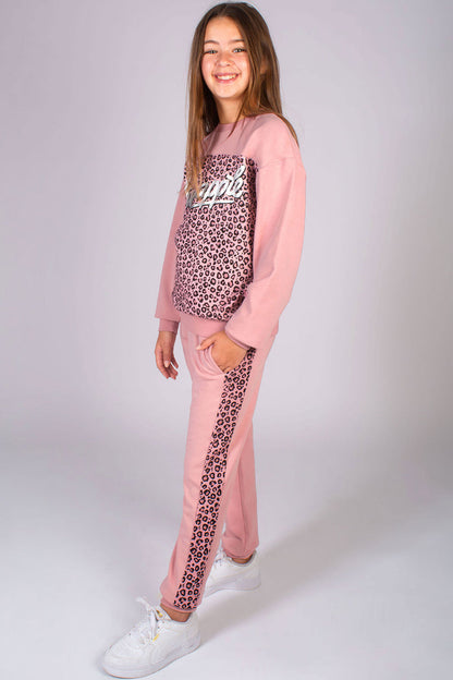 Pastel pink joggers for kids featuring pink leopard print and paired with matching pink leopard print sweatshirt for kids