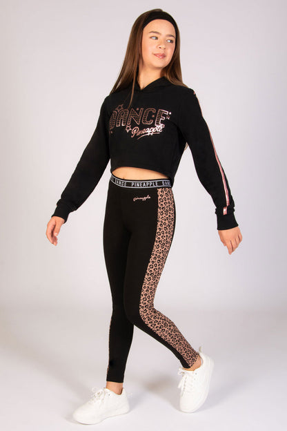 Girls' black leggings with leopard panels on the side
