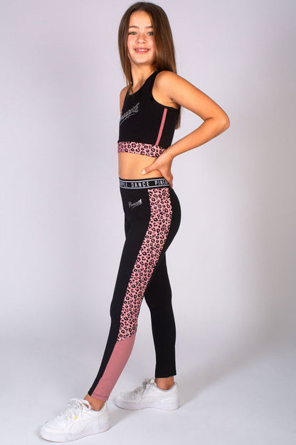 Girl's pink leopard panel black basic leggings with silver foil hip logo and Pineapple Dance elasticated waistband