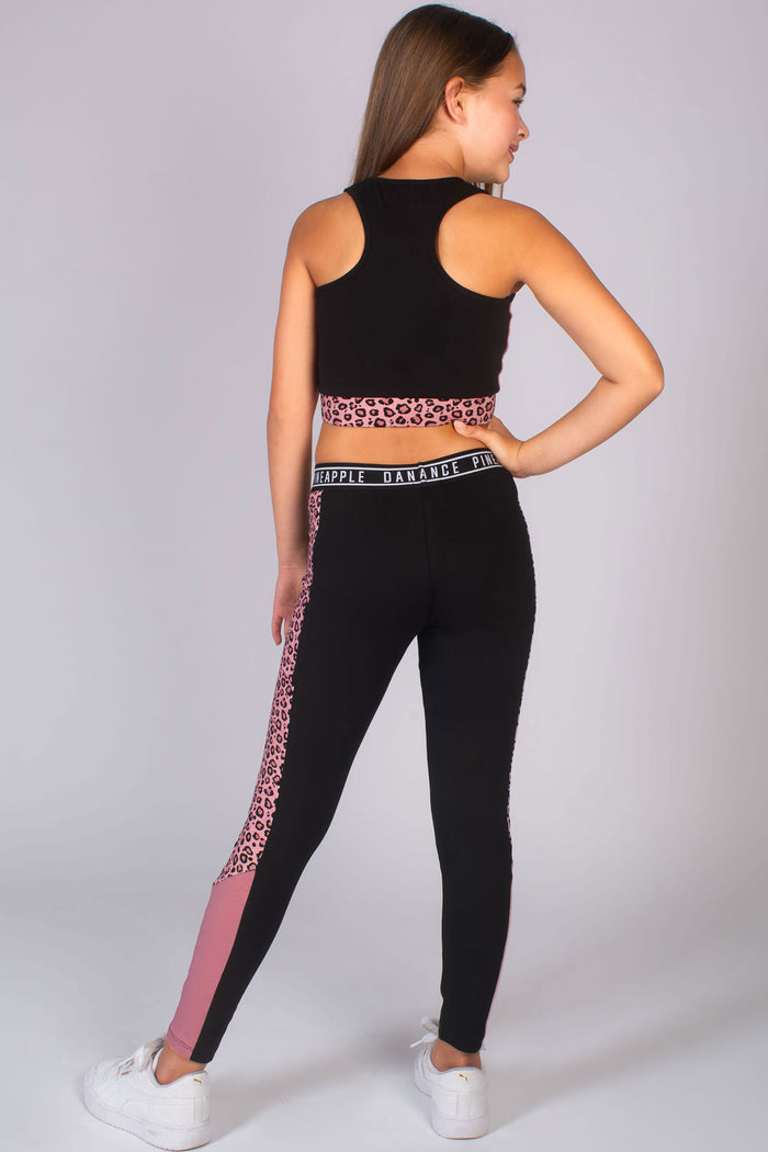 Girls' leopard panel leggings in black by Pineapple Dance Studios, perfect for dance classes