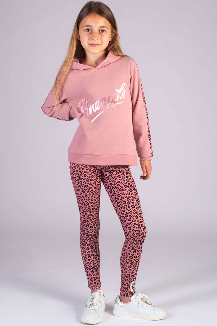 Pastel pink hoodie for girls paired with allover leopard print dance leggings by Pineapple