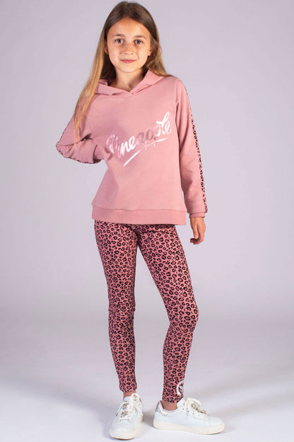 Pastel pink hoodie for girls paired with allover leopard print dance leggings by Pineapple