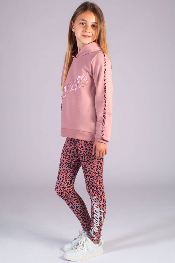 Pineapple girls' hoodie in pink decorated with rose gold print across the chest and pink leopard stripe on sleeves