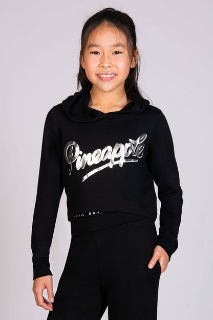 Basic black crop hoodie for girls with Pineapple silver foil logo across the chest.