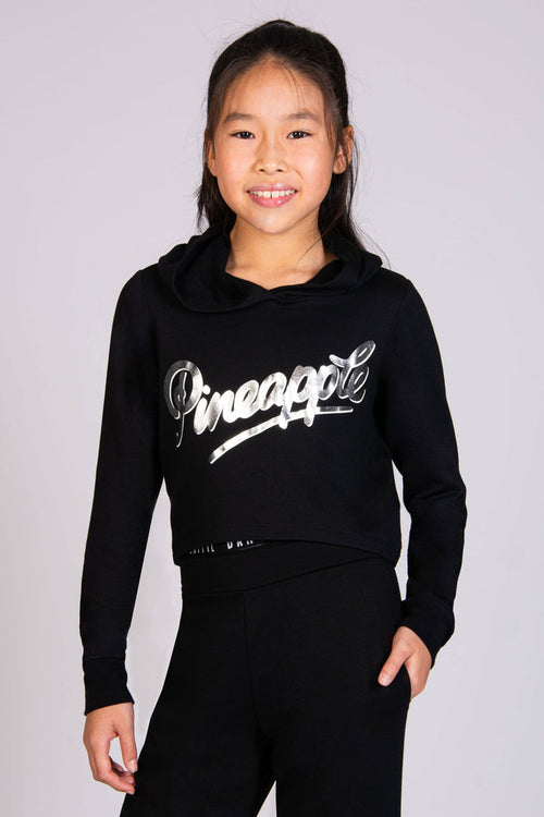 Basic black crop hoodie for girls with Pineapple silver foil logo across the chest.